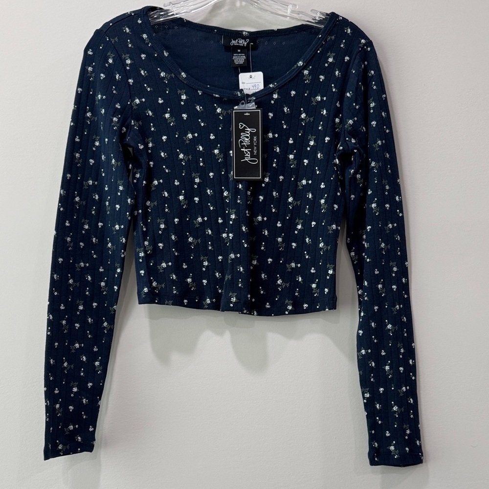 Just Polly Navy Blue Floral Crop Top Henley Long Sleeve Shirt